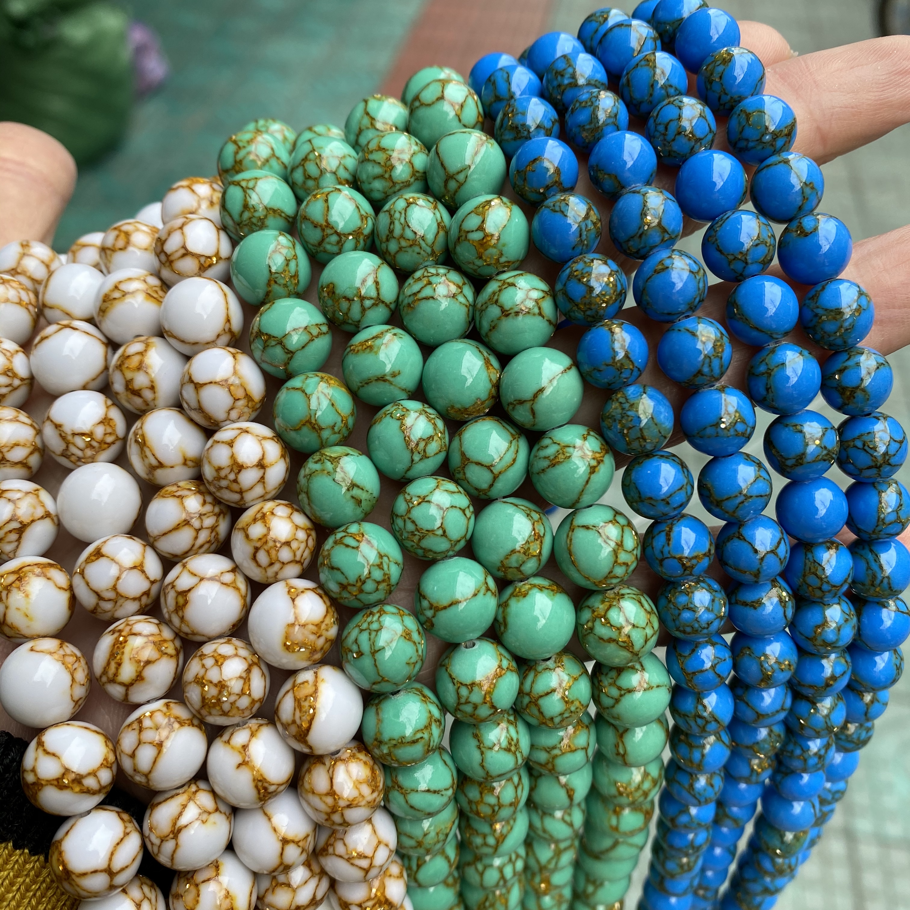 Золотое кружево, бирюза, свободный круглый синий зеленый искусственный Howlite с золотым кружевом, Синтетическая бирюза для изготовления ювелирных изделий своими руками