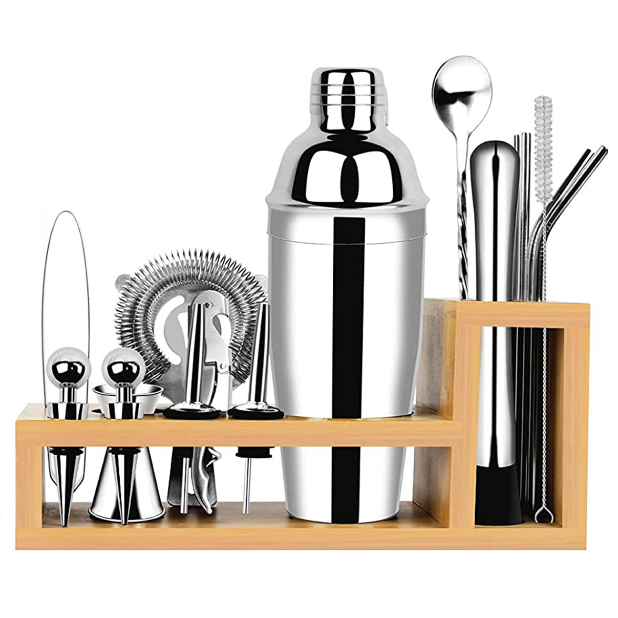 Custom 750ML Hand Shake Cup Bar Shaker 14 Piece Stainless Steel Cocktail Boston Shaker Bartender Kit Set With Wooden Stand