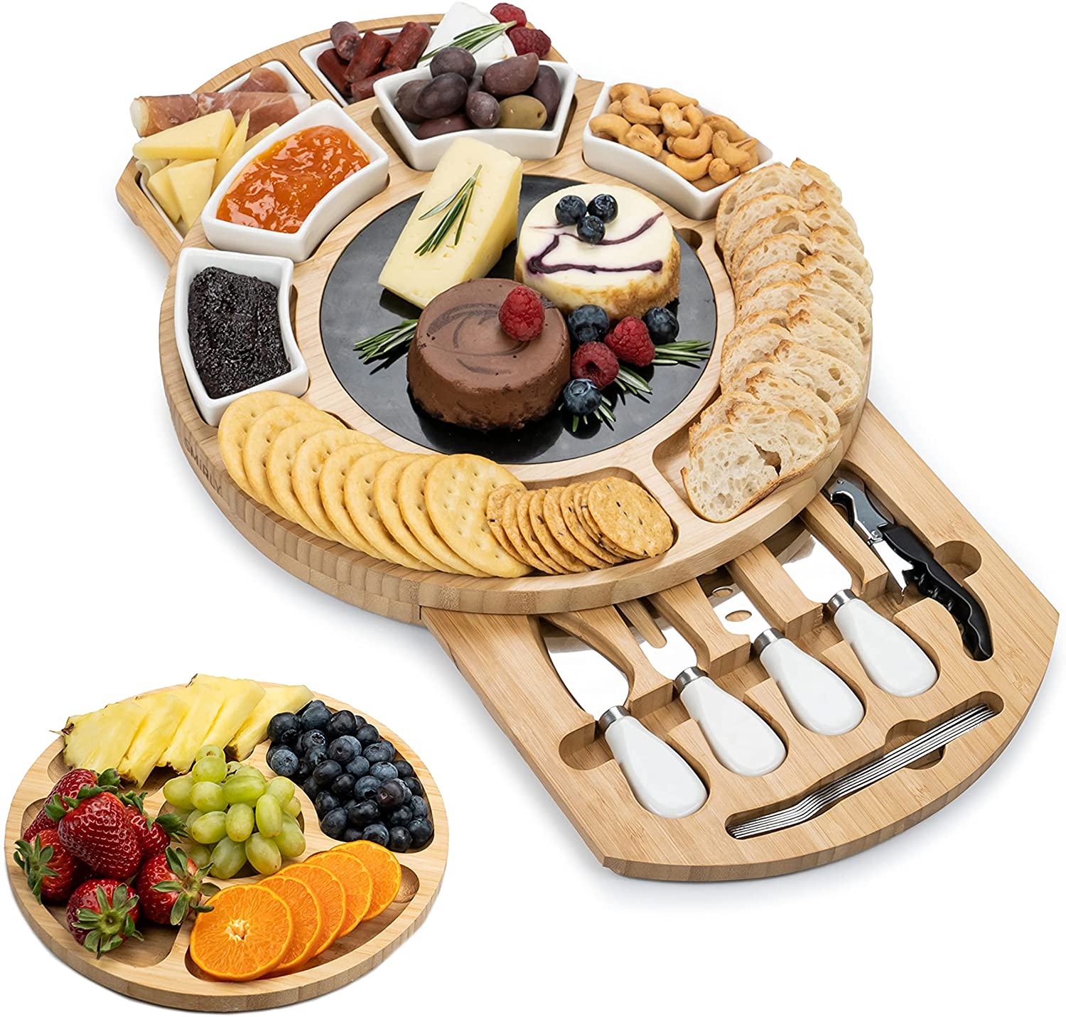 Cheese Board and Knife Set Large Round Charcuterie Board Set, Bamboo Cheese Board Set, Cheese Platter Board Tray Set