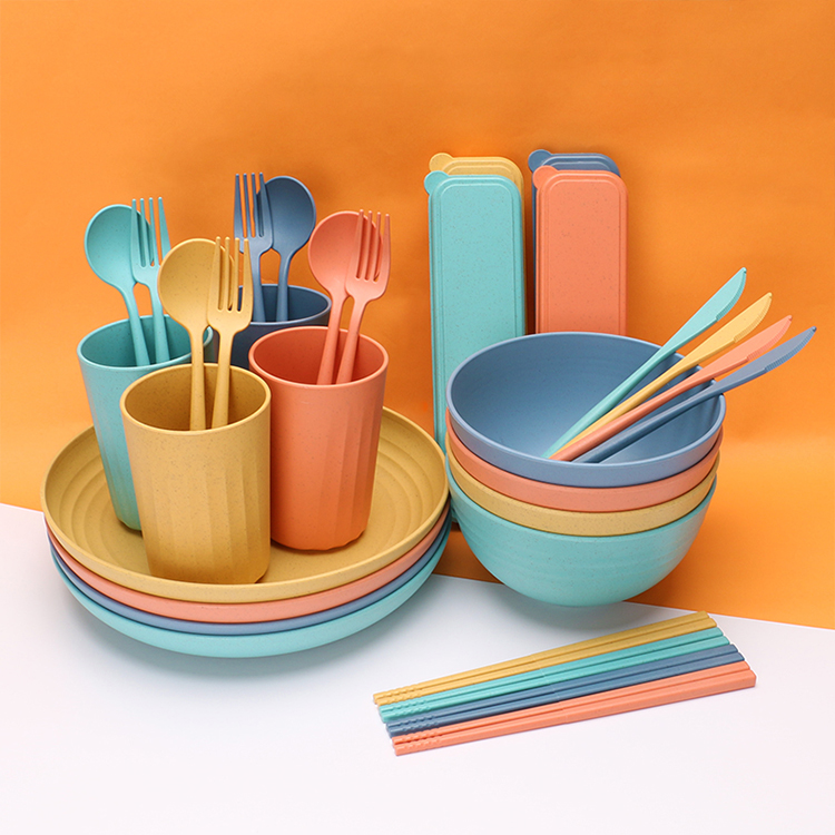 Dinner Plate Set 32 Piece Bpa Free Wheat Straw Bowls Plates Cups Cutlery Set Wheat Straw Tableware Set