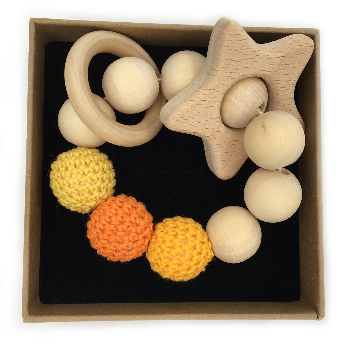 Boho Teething Animal Rings Bracelet Crochet Wooden Beads Rattle Shower Teether Toy Gift for Baby