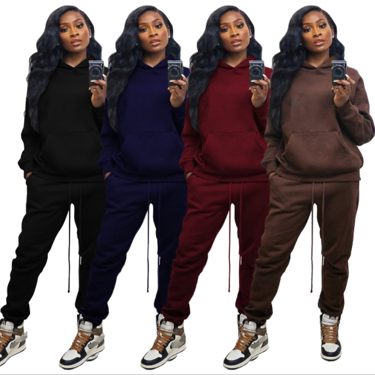 Custom Logo Solid Women Sport Hoodie Sweatsuit Fall Women Clothes Thick Sweatshirt 2 Piece Pants Set