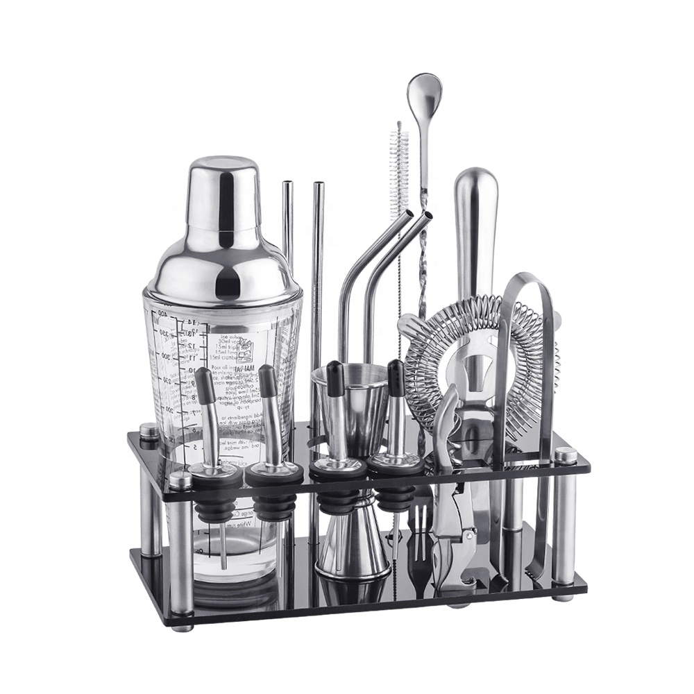 OUYADA Factory Direct 400ml Glass Recipe Bartender Custom Stainless Steel Bar Tools Cocktail Shaker Set with Acrylic Frame Stand