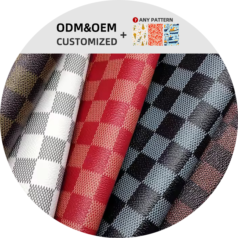Wholesale lichi texture custom design faux leather print luxury faux leather fabric pink and green checkered fabric for handbags