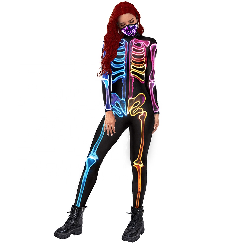 Halloween super cool 3D digital printed colorful skeleton slim zentai jumpsuit high neck long sleeve women skeleton jumpsuit