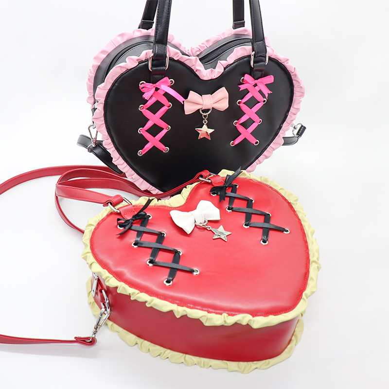 Factory Newly Designed Women's Heart Shape Purse Laced-UP Lolita Style PU Leather Bags With Ruffled Trim