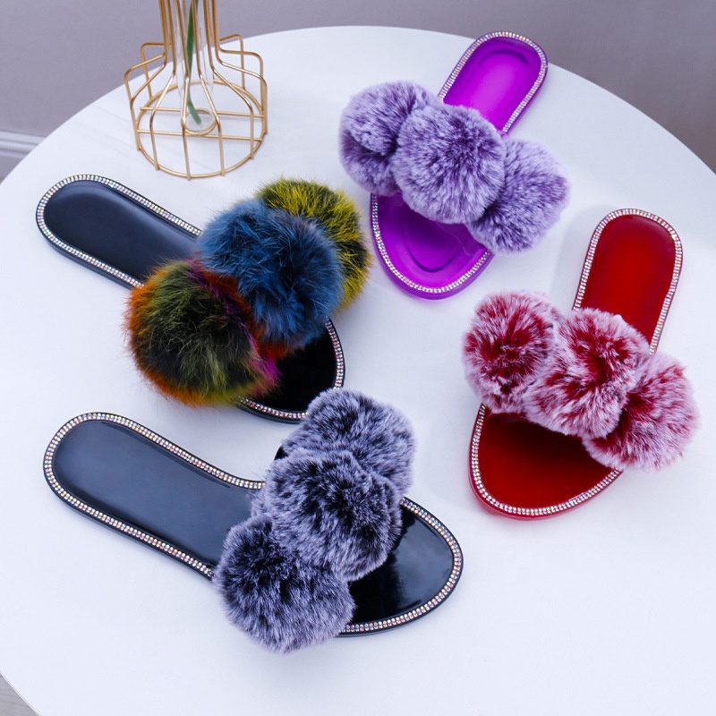 JDS01 New Fashion Cute Faux Fur Pompom Jelly Slippers Sandals For Ladies 2021