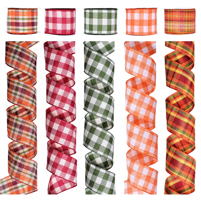 Yama Ribbon Stock Low MOQ 2.5Inch 63MM 10Yards Fall Style Linen Plaid Wire Edge Ribbon Roll