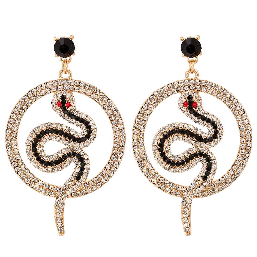 2021 New Personalized Charm Jewelry Hollow Round Earrings Shiny Green Crystal Animal Snake Pendant Earrings