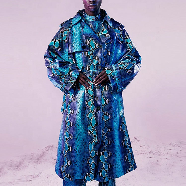 Fashion new spring autumn jacket men long printing parka snakeskin patchwork men dust pu leather coat