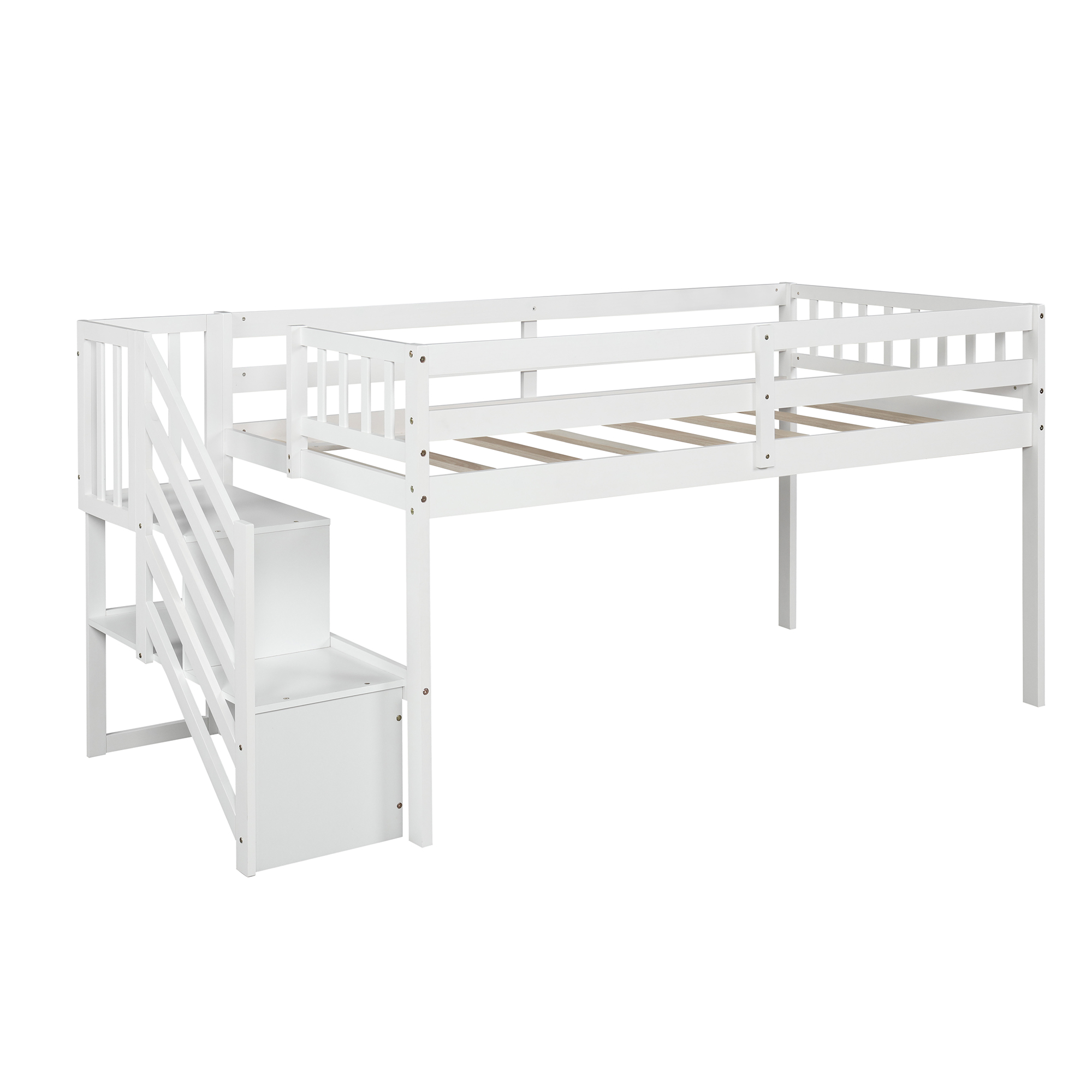 Baby and Kids Room White Floor Loft Bed Ladder with Storage in Twin Size