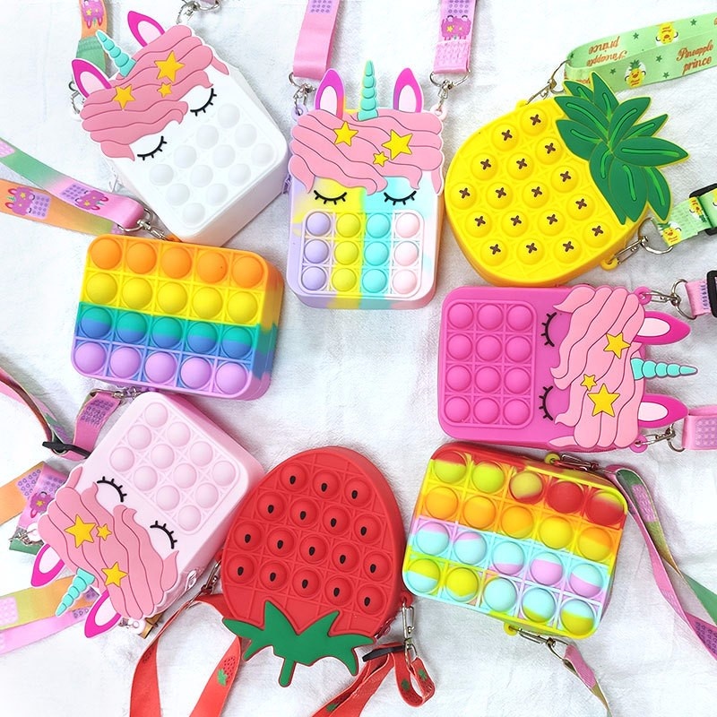Fashion Pop It Push Bubble Fidget Toy Rainbow Unicorn Purse, Kid Kawaii Coin Wallet Lady Bag Silicone Simple Dimple Handbag