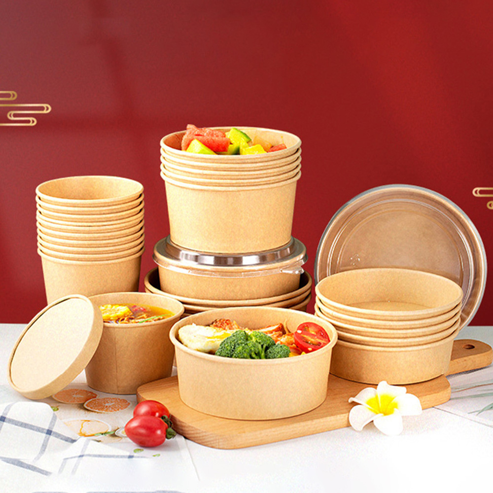 Customized Logo Fast Food Containers Salad Box Soup Bowl Round Box Takeaway Disposable Food Packaging With Paper Lid And Pp Lid
