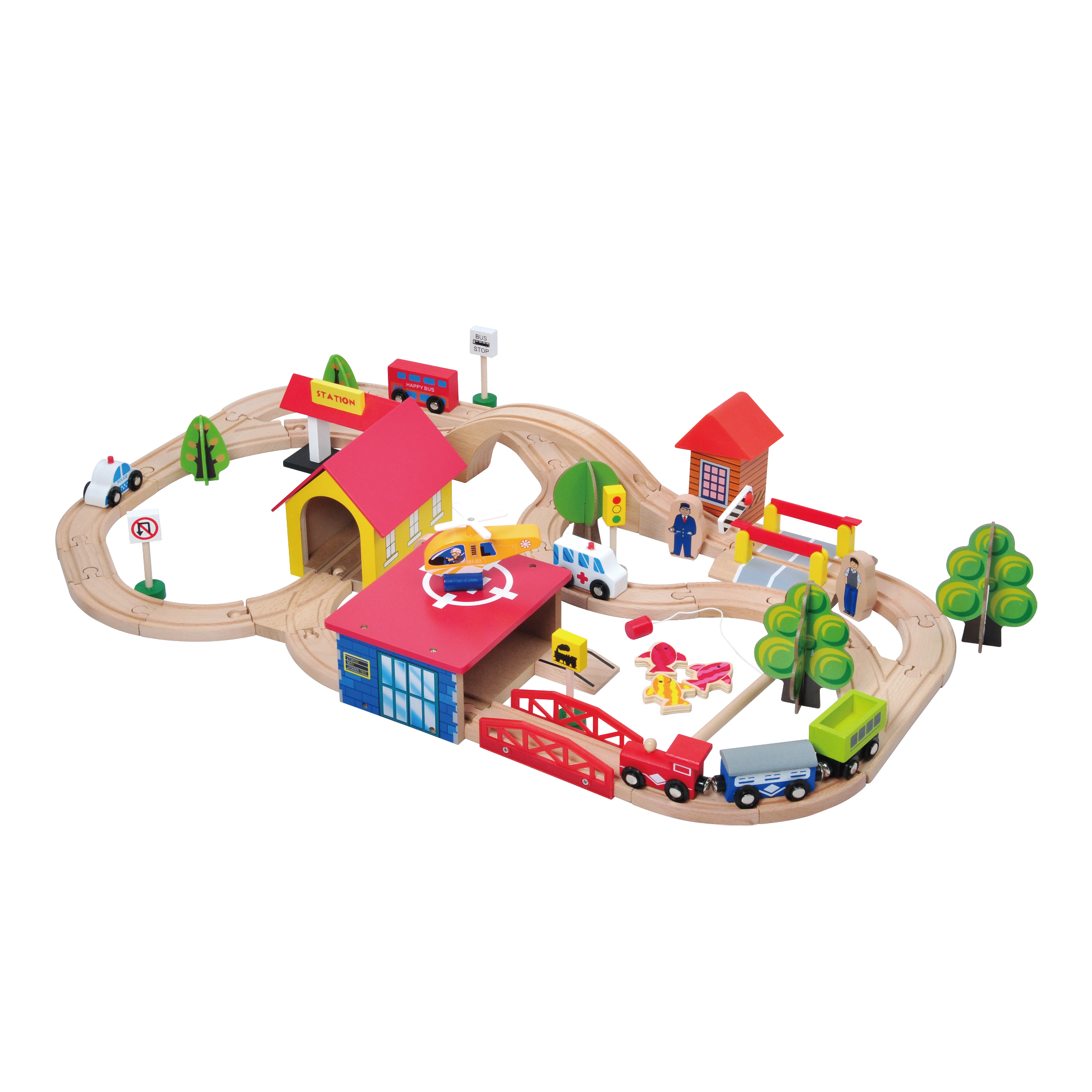 Educational learning diy racing 69pcs classic railway toys road car tracks wooden train track set