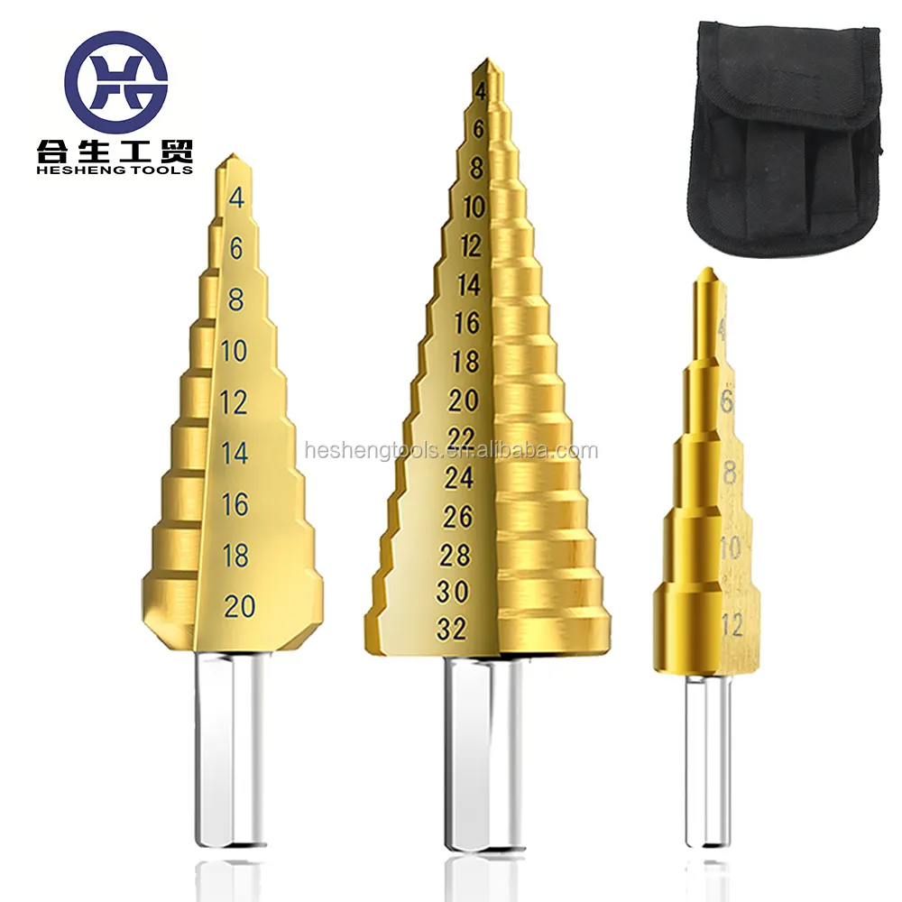Step Drill Set 3Pcs HSS Metric Titanium Triangle Shank Pagoda Shape Hole Cutter 4-12/20/32mm Sharpening Cone Step Drill Bit Set