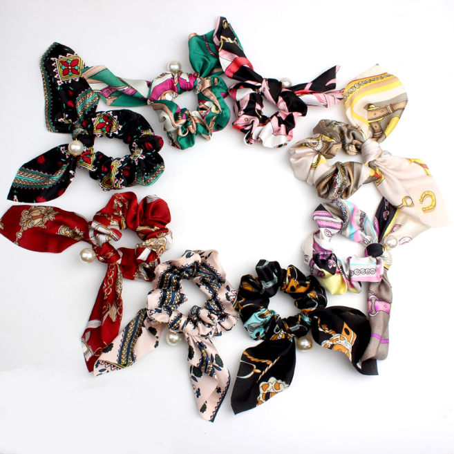 Ручной работы с цветочным принтом волос круг галстук scrunchie богемный бантом жемчужина резиновый волос галстук шарф повязка головной убор веревка