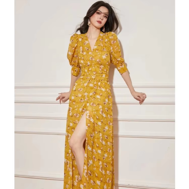 Hot Sale Women's Elegant Printing Chiffon Silk Formal Dresses Half Sleeve Front High Slit Sexy Skirts