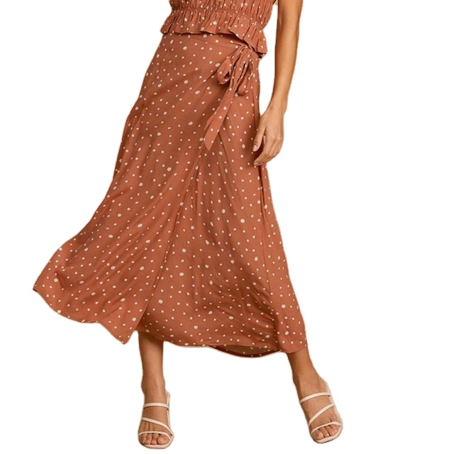2021 Summer Rust Red Polka Dot Midi Wrap Skirt For Women
