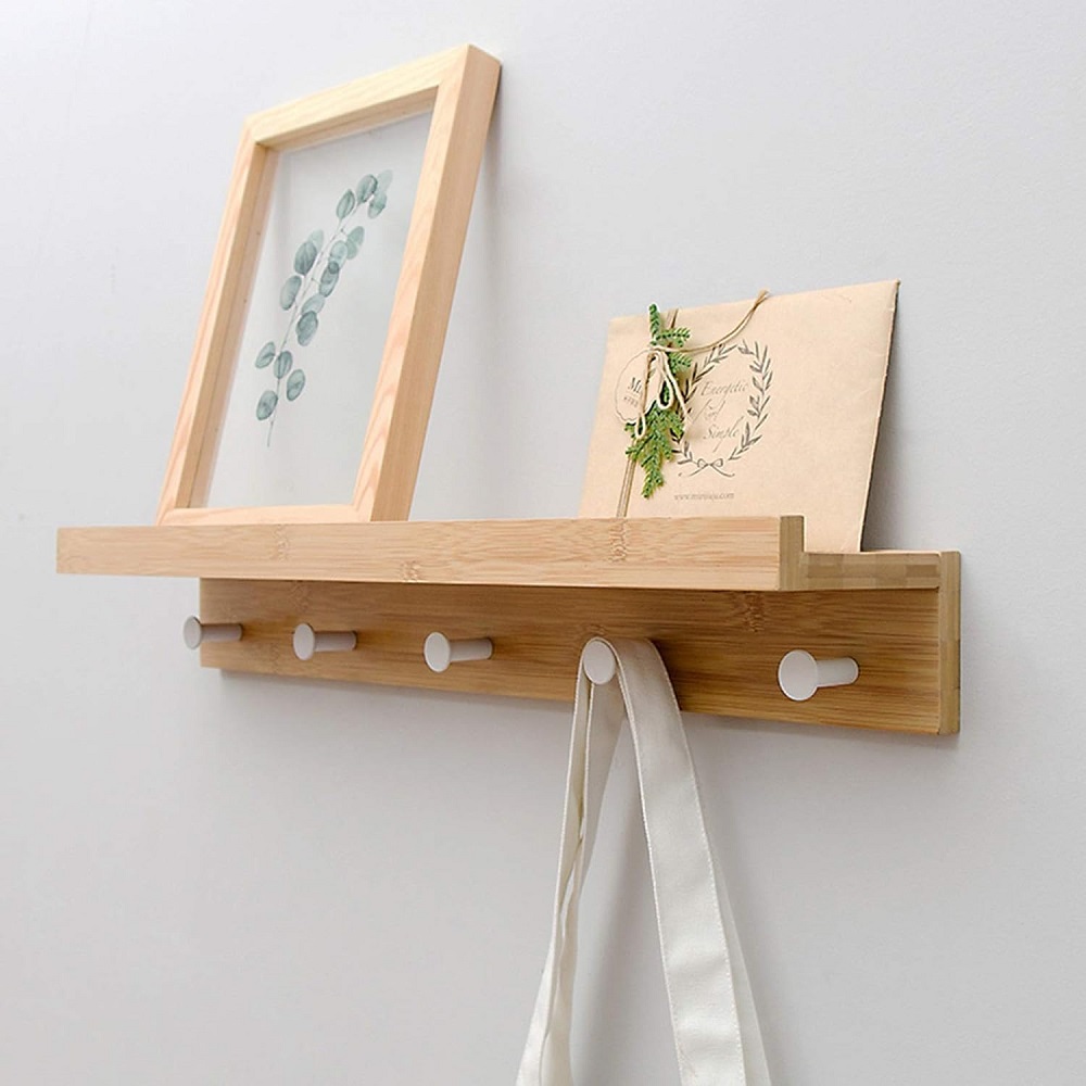 Multi-size Floating Shelves Metal Pegs Hooks Rack Wooden Bamboo Wall Shelf for Home Decor