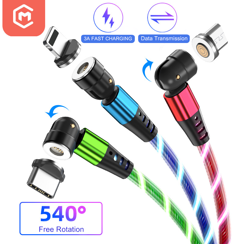 Лидер продаж, светодиодный зарядный кабель 3A, USB-кабель для быстрой зарядки и передачи данных, 3 в 1, магнитный кабель 540 градусов