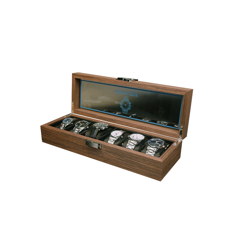 Luxury Custom Wooden Logo Black Leather 6 slots Walnut Storage Watch Box Cases Travel For Men Watch Carbon Packaging Display