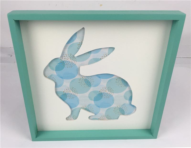 Wholesales wooden decoration MDF frame embossed bunny for easter red blue free standing on table