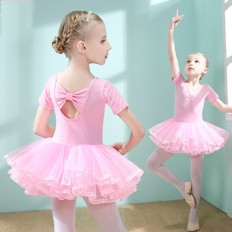 Short Sleeve Kids Dance Leotards Slim Ballet Tutu Dress Bubble Skirts Child Gymnastics Practice Bodysuit Ballerina Clothes