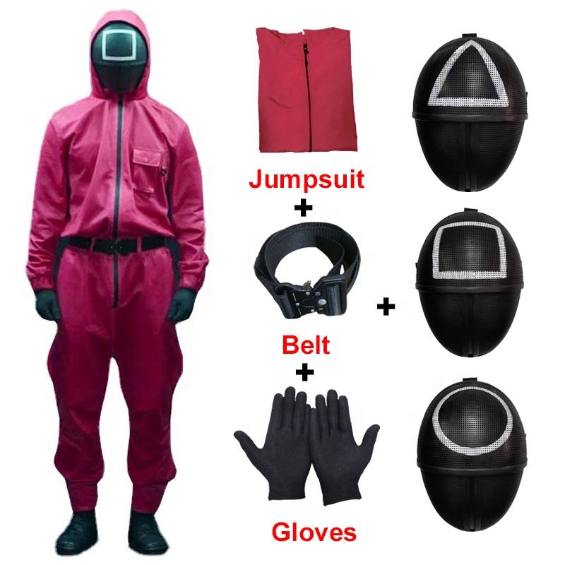 Squid Game Costume Mask Cosplay Villain Red Jumpsuit Round Six Square Circle Triangle Cosplay TV Role Halloween Party Costume