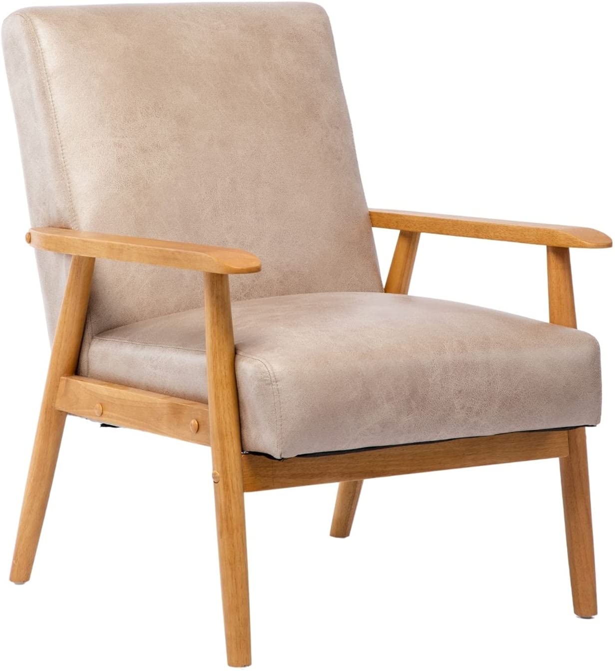 Mid Century Retro Wood Frame Arm Chair Faux Leather Modern Lounge Chair for Living Room Bedroom Leisure Chairs