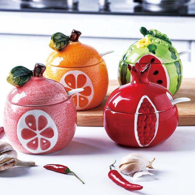 HY Creative fruit ceramic seasoning pot household spice salt pot with spoon multi function kitchen sugar pot storage set