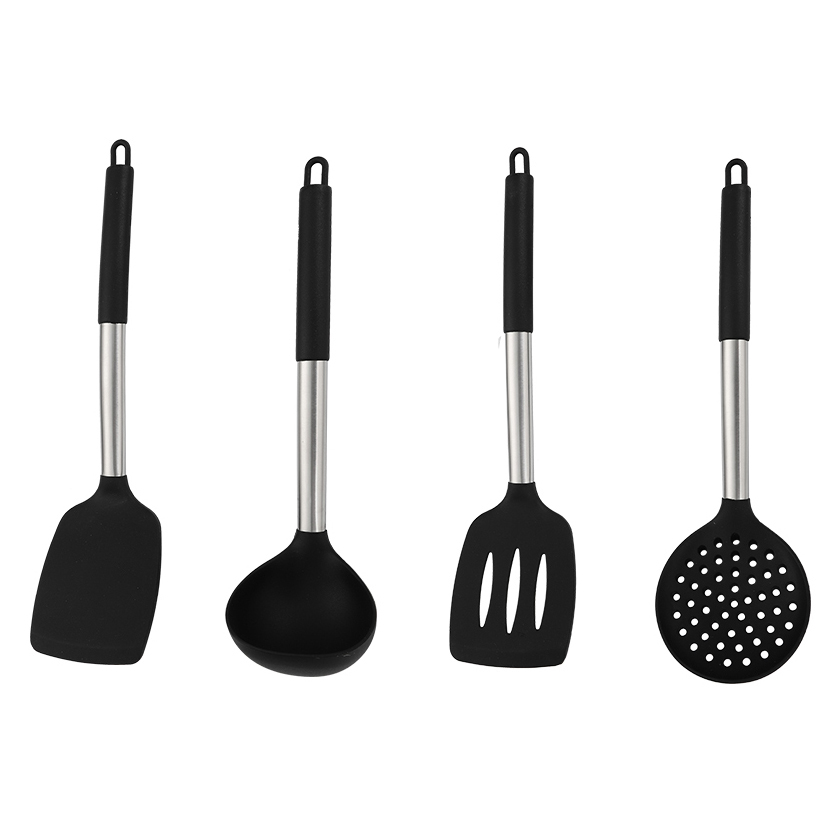 4 Pieces Silicone Kitchen Cookware Tools Set Cooking Utensils Kitchen Accessories Stainless Steel Black Utensils Set