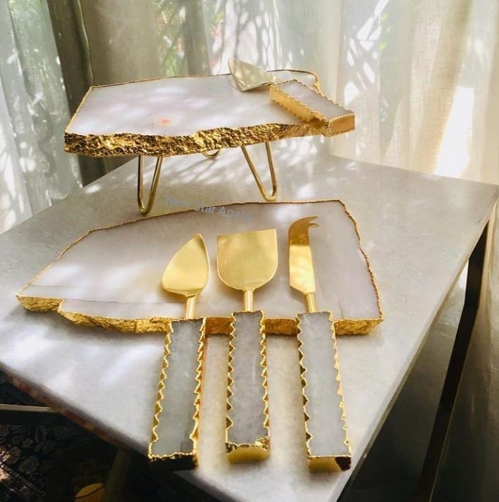 High Quality Beautiful White Quartz Platter set With Golden Rim Buy Online From New Star Agate : Wholesale Cheese Platter