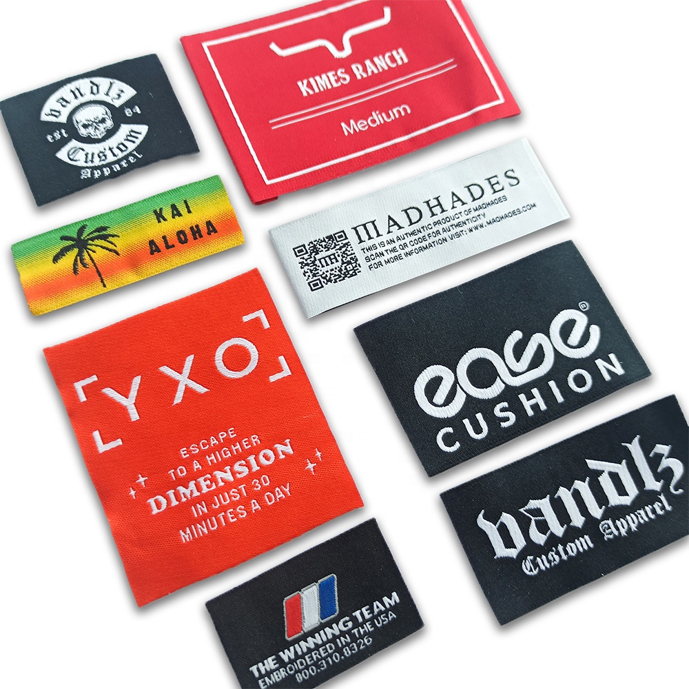 Custom Clothing Damask Label Black White Fabric Tags Garment label For Bag Shoes Polyester Self-adhesive Sew on Woven Labels