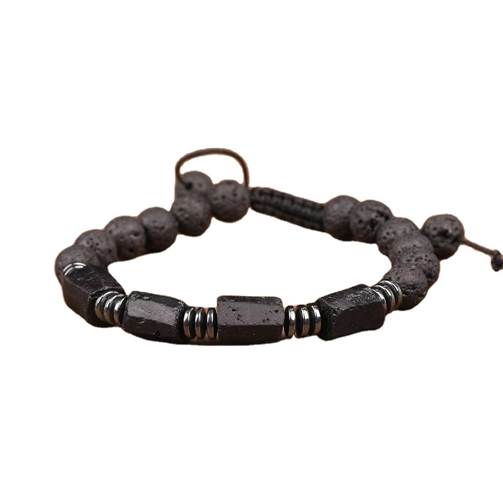 Natural Black Tourmaline Chip Beads 8mm Black Lava Stone Beads Cord Knotted Handmade Adjustable Bracelet For Women N0379AMG