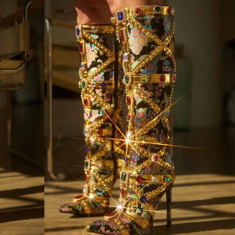 Crystal Long Boots Buckle Mental Heels Side Zipper Colorful Over the Knee Boots Thin High Heel New Autumn Winter Women Shoes 42