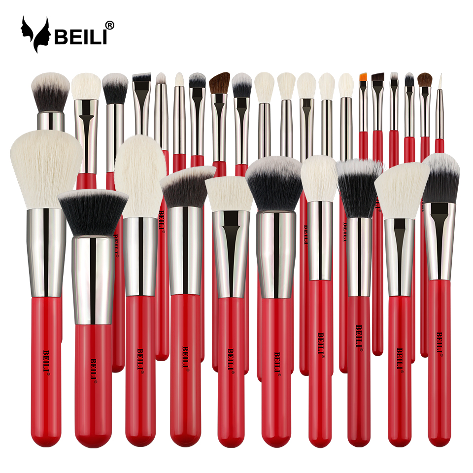 BEILI 30pcs private label makeup brushes set red wood handle custom logo synthetic hair maquillaje-make- al por mayor