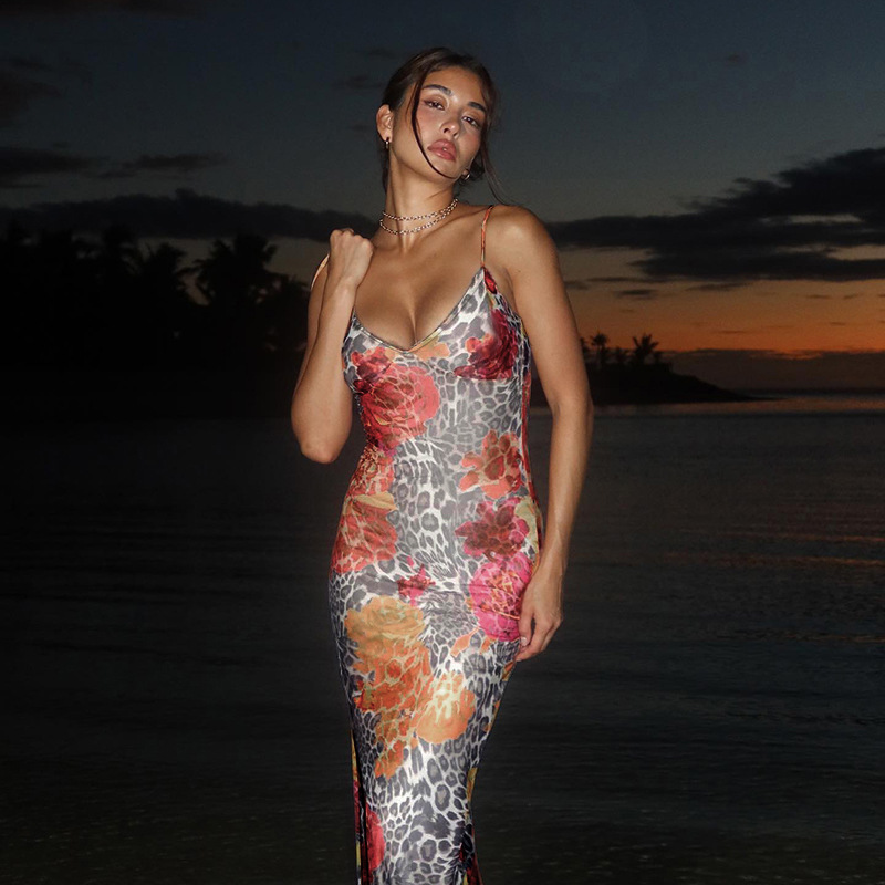 Sexy leopard print suspender Floral sleeveless backless slimming wrap buttocks Women Summer Sexy Dresses
