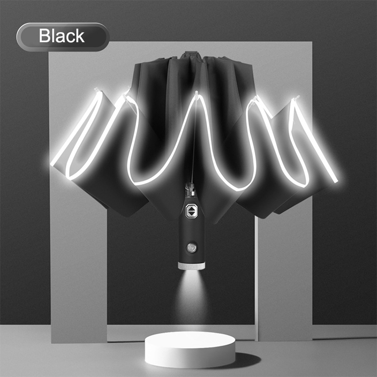 High Quality Wholesale Custom 3 Fold Automatic Flashlight Umbrella with LED Light Handle with Reflective Stripe