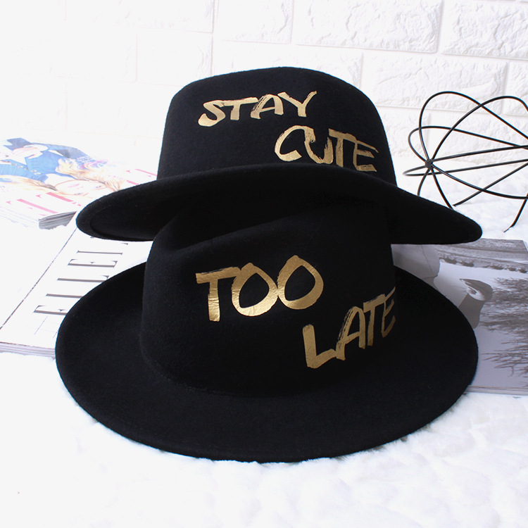 Winter New Style Formal Golden Characters Jazzy Unisex Fashionable Wool Wide Brim Hat plaid Fedora