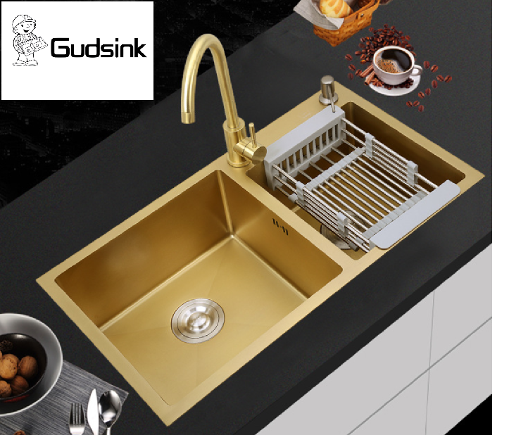 Кухонная раковина ручной работы из нержавеющей стали Gudsink 7843 gold nano double bowl