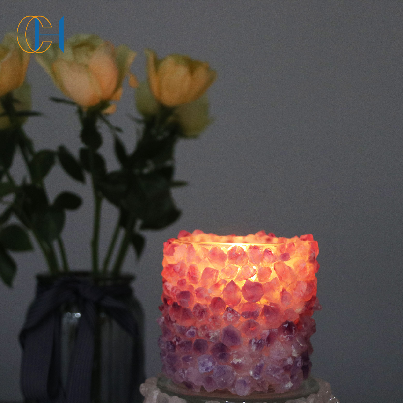 Luxury New Trending Customized Logo Natural Amethyst Quartz Large Empty Container Tall Glass Crystal Candle Holders