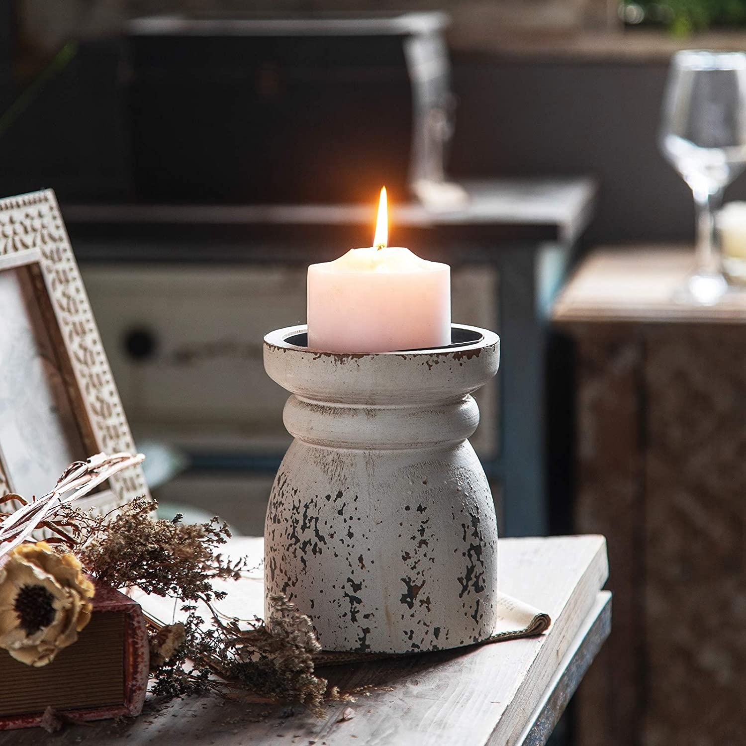 Rustic Candle Holder for Pillar Candle, Vintage White Wooden Pillar Candle Holder, Farmhouse Antique Candlestick Holder