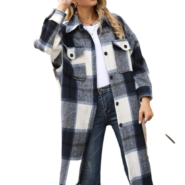 LH Wholesale Autumn Winter Womens Wool Blended Jacket and Coat Buttons Pockets Long Sleeve Ladies Check Plaid Coat