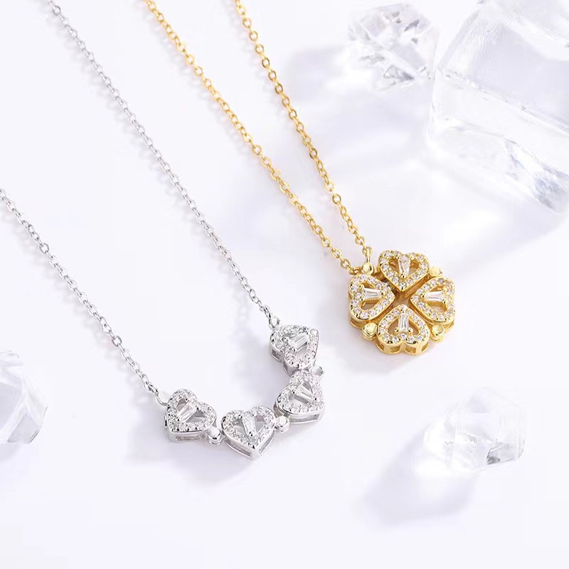 High quality 925 silver jewelry fashion four-leaf clover crystal magnet necklace personality gold-plated necklace for women