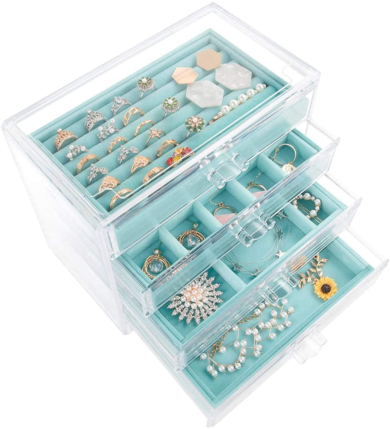 Multicolor Acrylic Clear Jewelry Display Storage Case Ring Boxes Luxury Velvet Jewelry Box with 4 Drawers