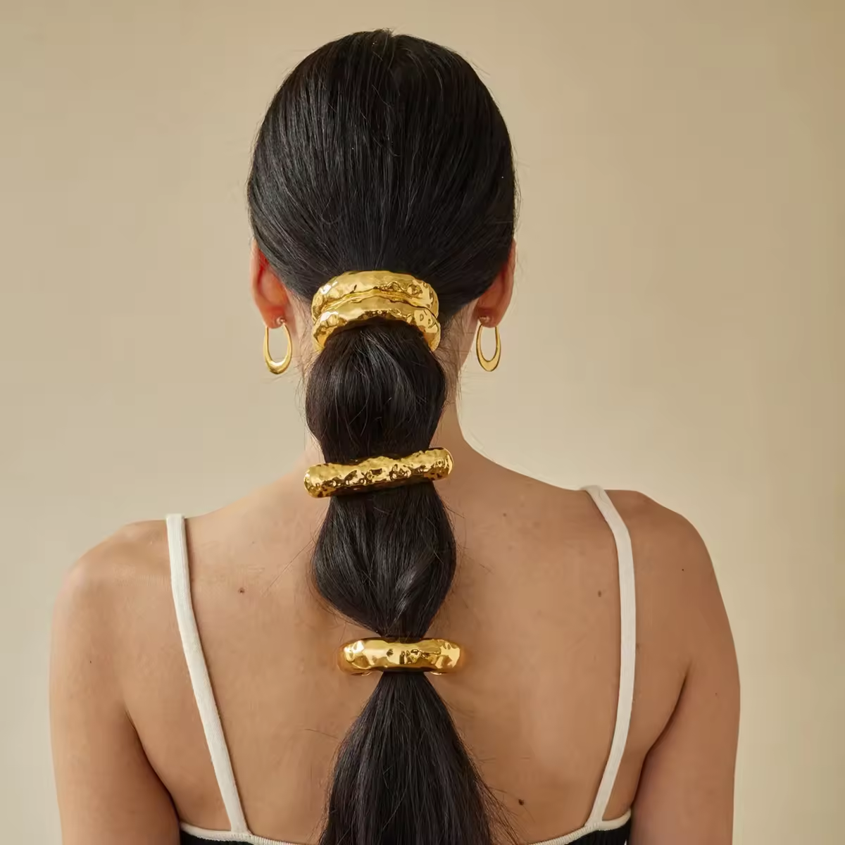 Minos Waterproof Hair Tie 18K Gold Plated Stainless Steel Rubber Black Elastic Hair Bands Chunky Cuff Hair accessories for Women