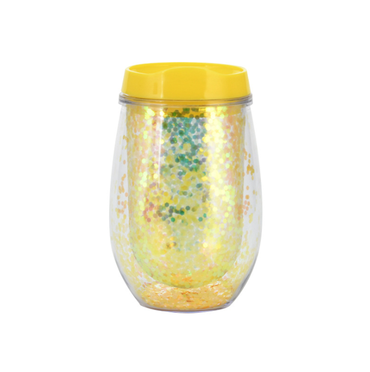 10oz Double Wall plastic wine tumbler vacuum insulation water cups Acrylic coffee mugs Chunky glitter wine tumbler with lid