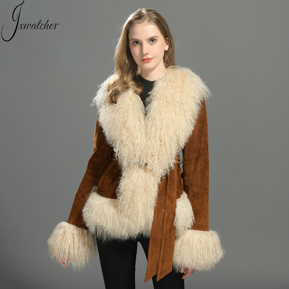 Women Fashion Autumn Winter Casual Genuine Leather Jacket Fluffy Long Hair Mongolian Lamb Fur Trim Women Suede Coat With Fur