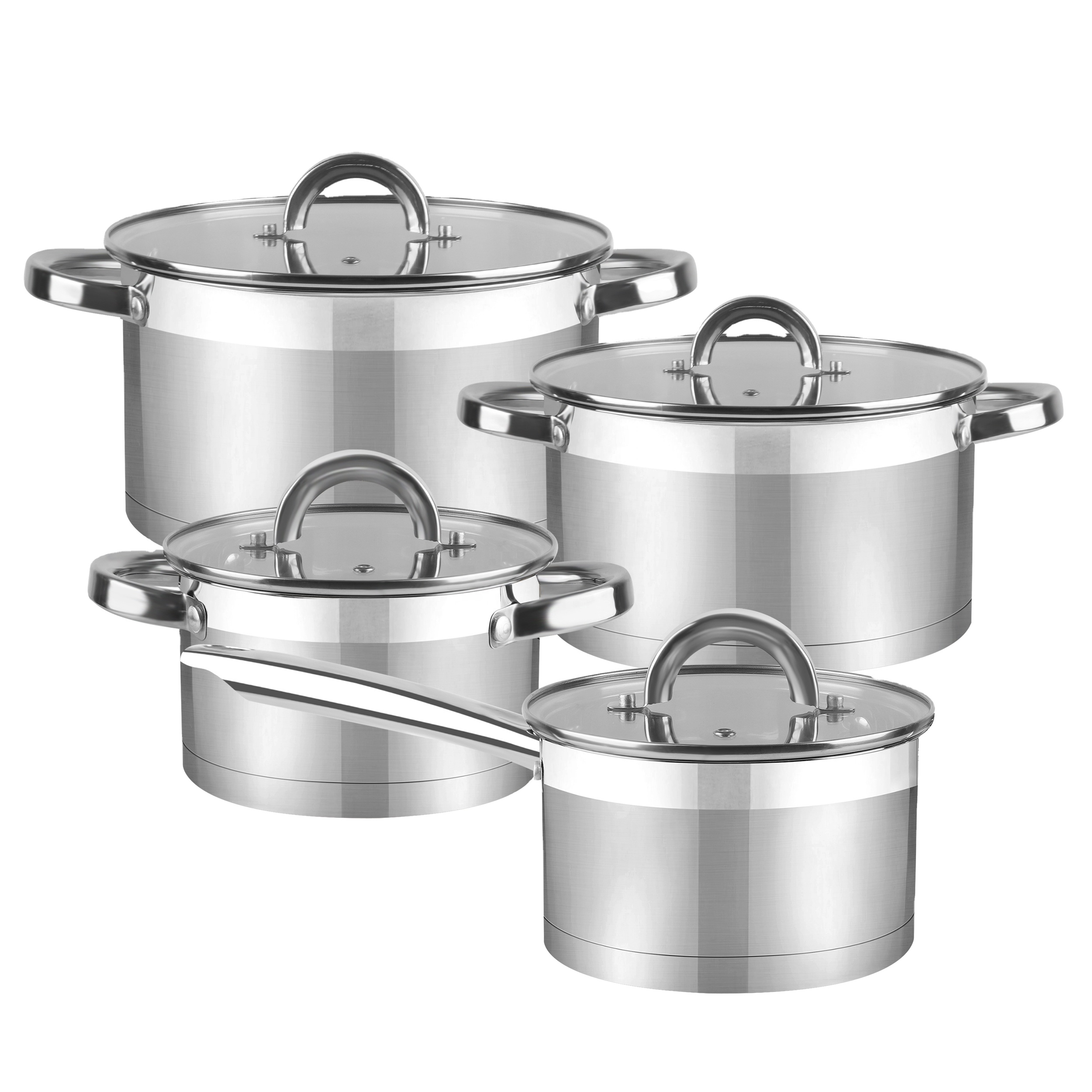 stainless steel 201# 8pcs set kitchen pots and pans with flat glass lids