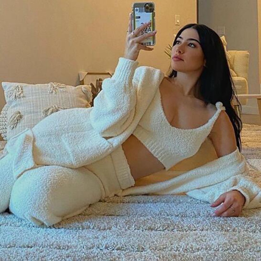 Sexy Fuzzy Softer Sherpa Fleece 3 Piece Cozy Warm Outfit Plus Size Coat Jacket Outwear and Spaghetti Strap Crop Top Shorts Set